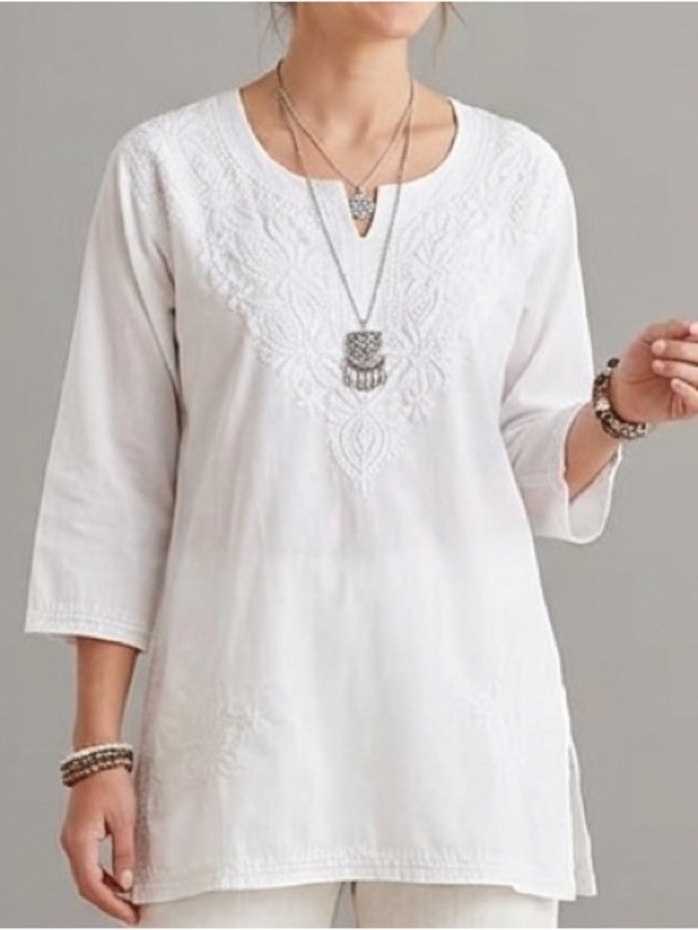 White Embroidered Caftan Kurta Tunic (Chikankari)